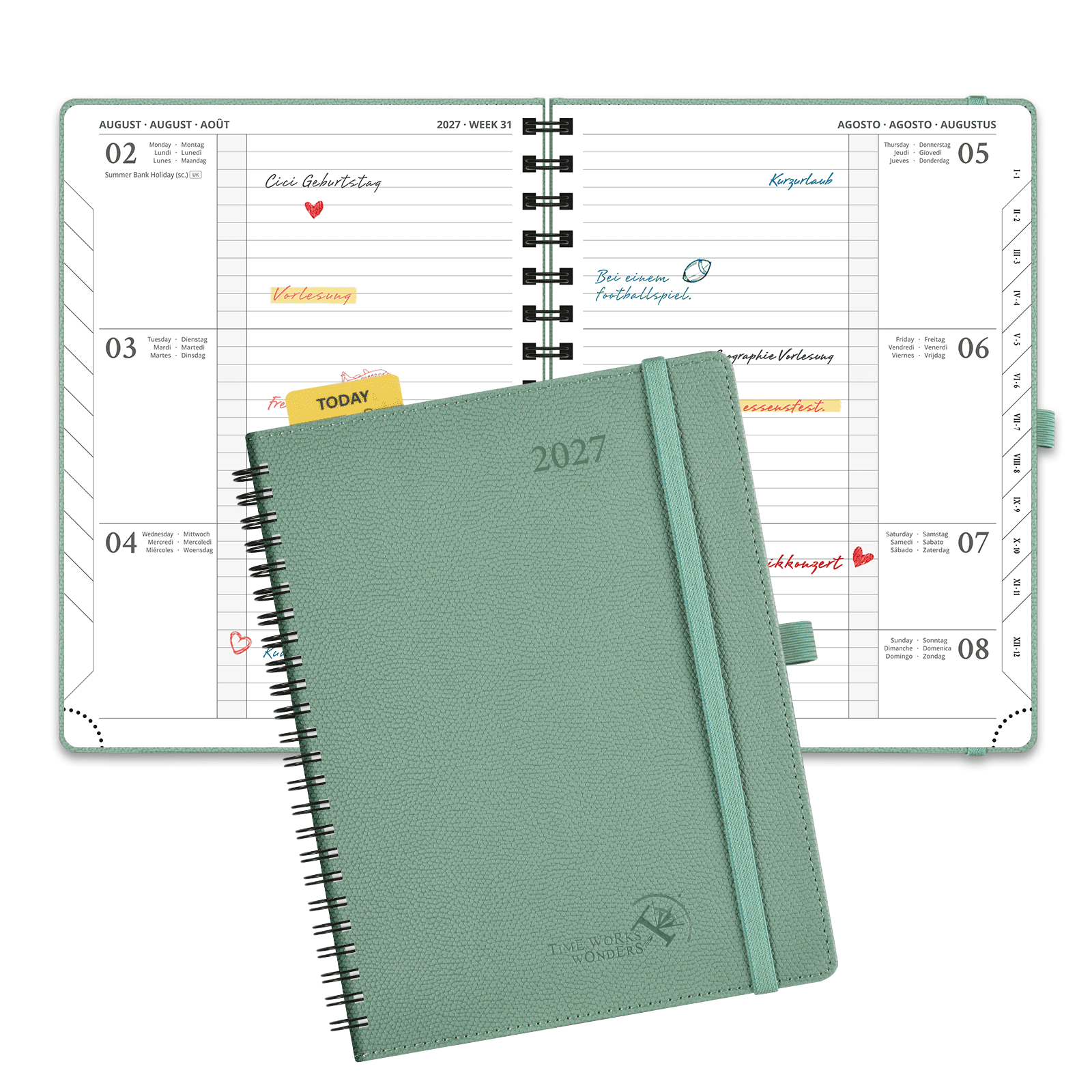 DE 21.8 cm × 16.4 cm 2027 Weekly Planner Spiral Hardcover| Horizontal Layout