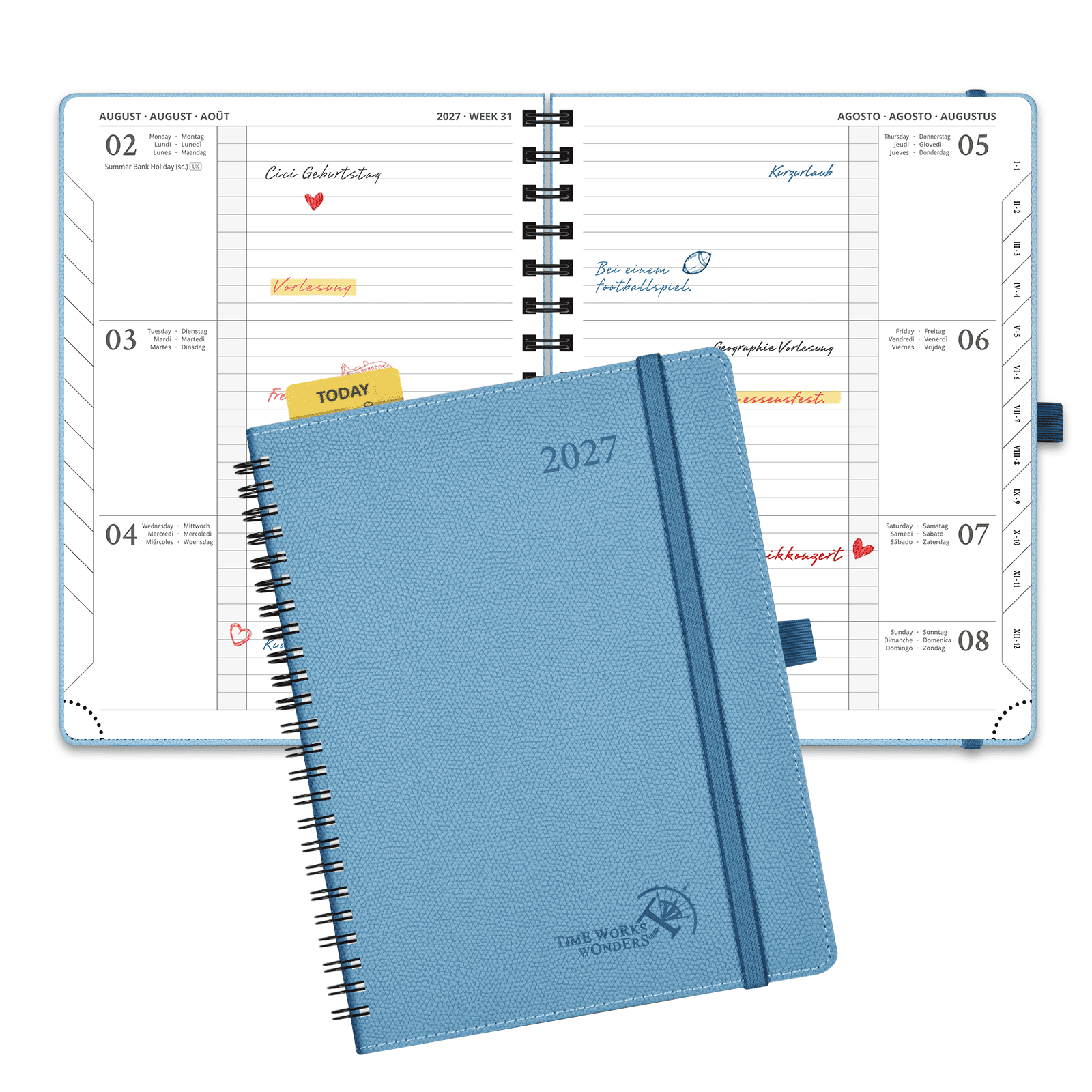 DE 21.8 cm × 16.4 cm 2027 Weekly Planner Spiral Hardcover| Horizontal Layout