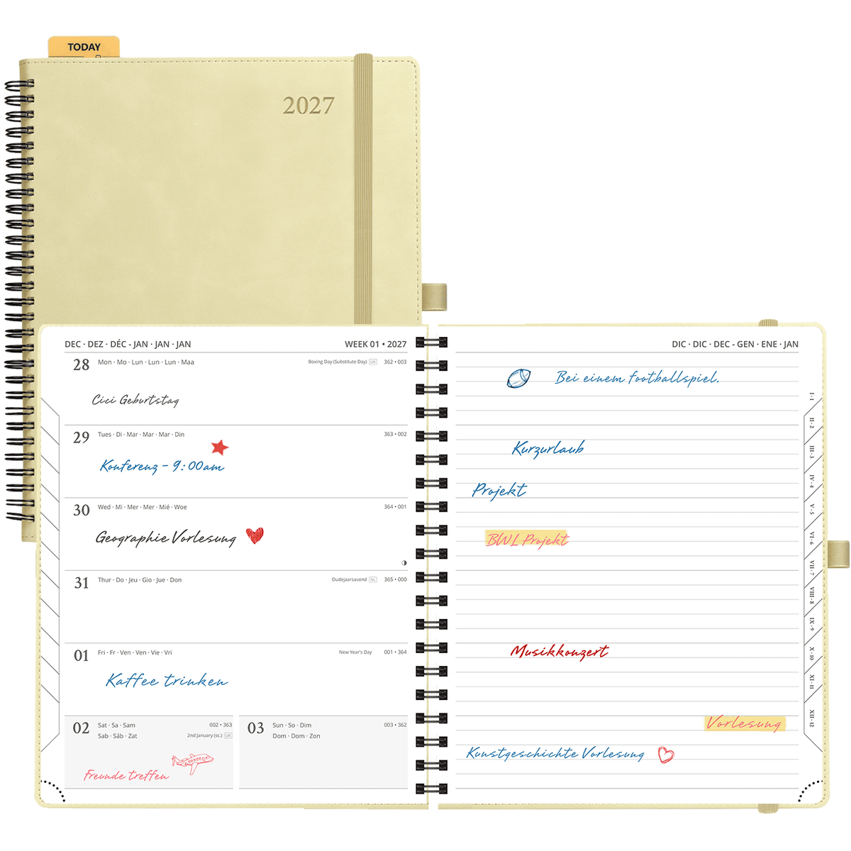 DE 25.9 cm × 21.2 cm 2027 Spiral Weekly Planner Week + Notes Layout Softcover