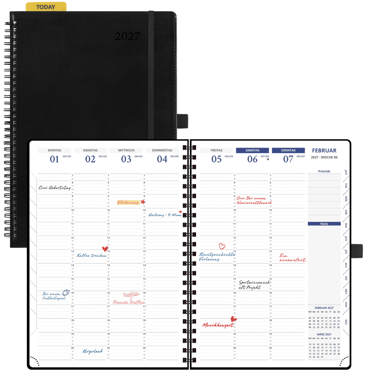DE A4 Size 15-minute 2027 Spiral Weekly Planner PU Leather Softcover Appointment Book