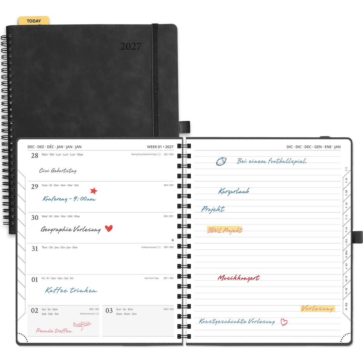 DE 25.9 cm × 21.2 cm 2027 Spiral Weekly Planner Week + Notes Layout Softcover