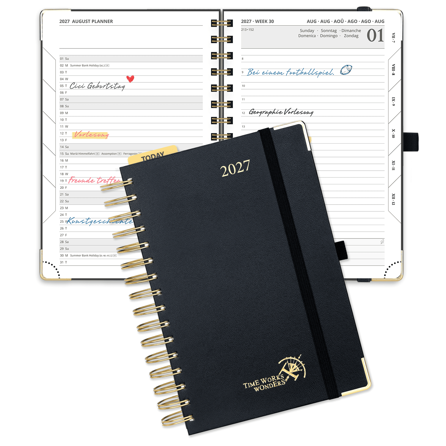 Agenda académica diaria DE tamaño A5 2026-2027, espiral, tapa dura