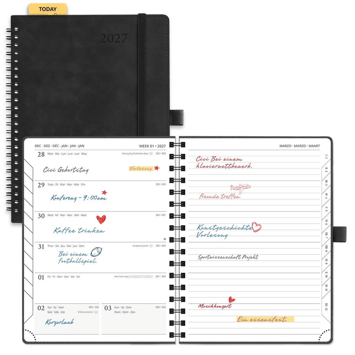 DE 16,5 cm × 21,6 cm 2027 Spiral Weekly Planner Week + Notes Layout Softcover