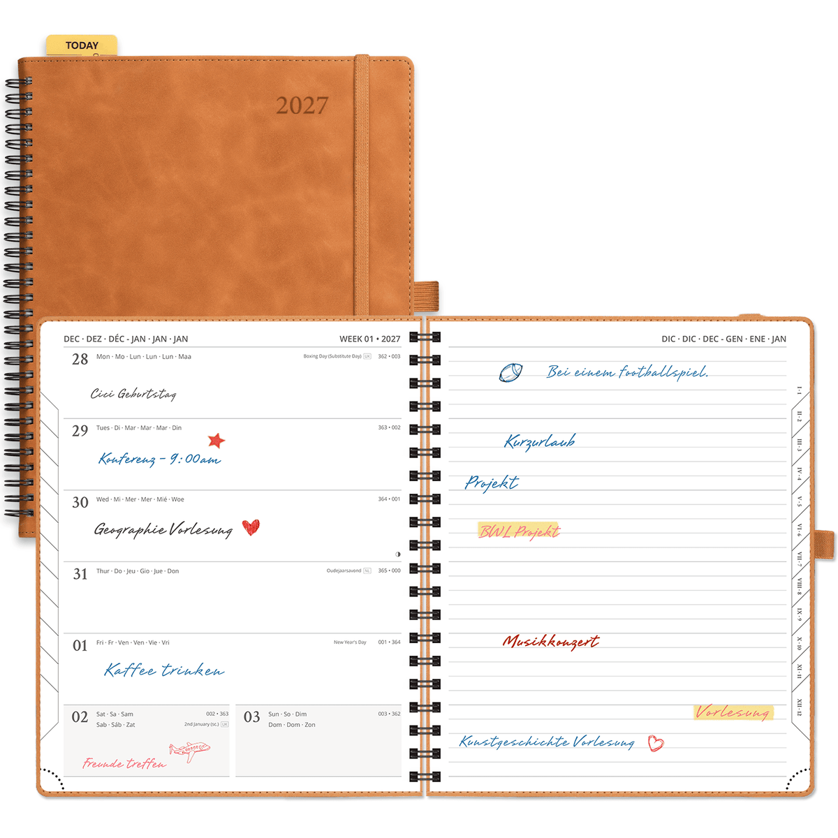 DE 25.9 cm × 21.2 cm 2027 Spiral Weekly Planner Week + Notes Layout Softcover
