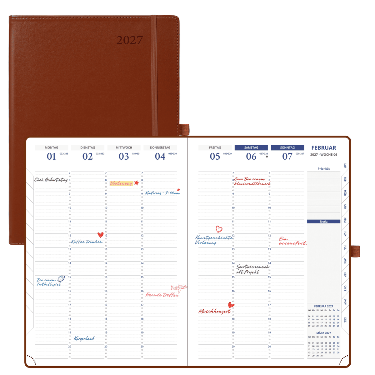 DE A4 Size 15-minute 2027 Weekly Planner PU Leather Softcover Appointment Book