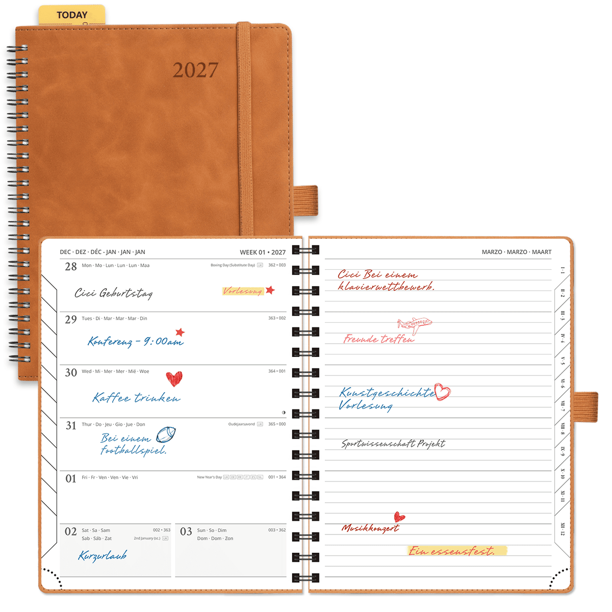 DE 16,5 cm × 21,6 cm 2027 Spiral Weekly Planner Week + Notes Layout Softcover