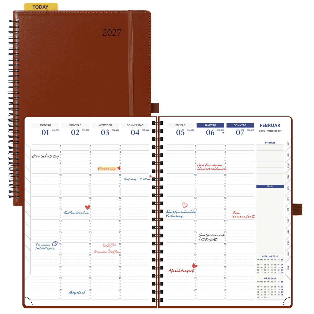 DE A4 Size 15-minute 2027 Spiral Weekly Planner PU Leather Softcover Appointment Book