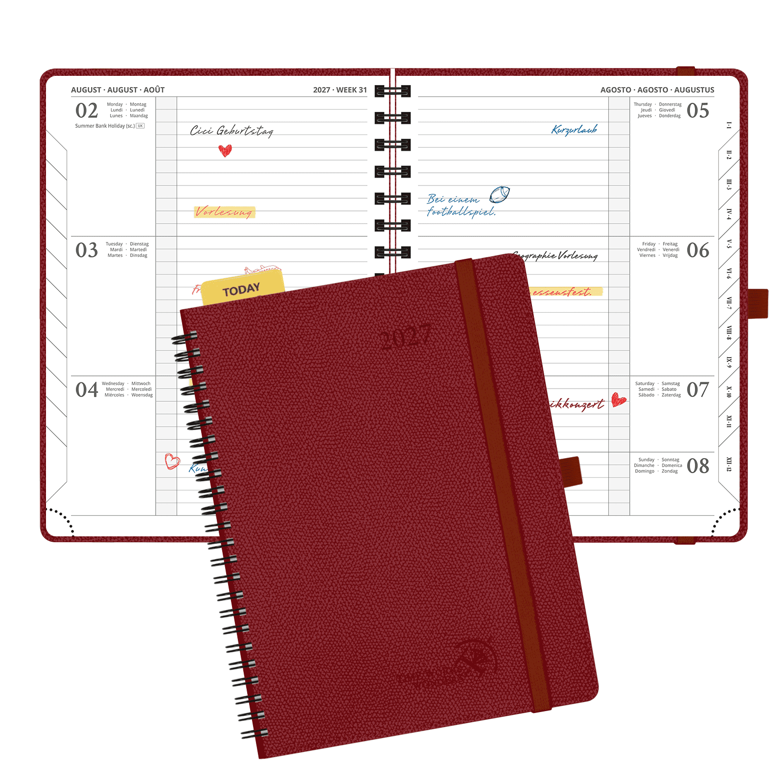 DE 21.8 cm × 16.4 cm 2027 Weekly Planner Spiral Hardcover| Horizontal Layout