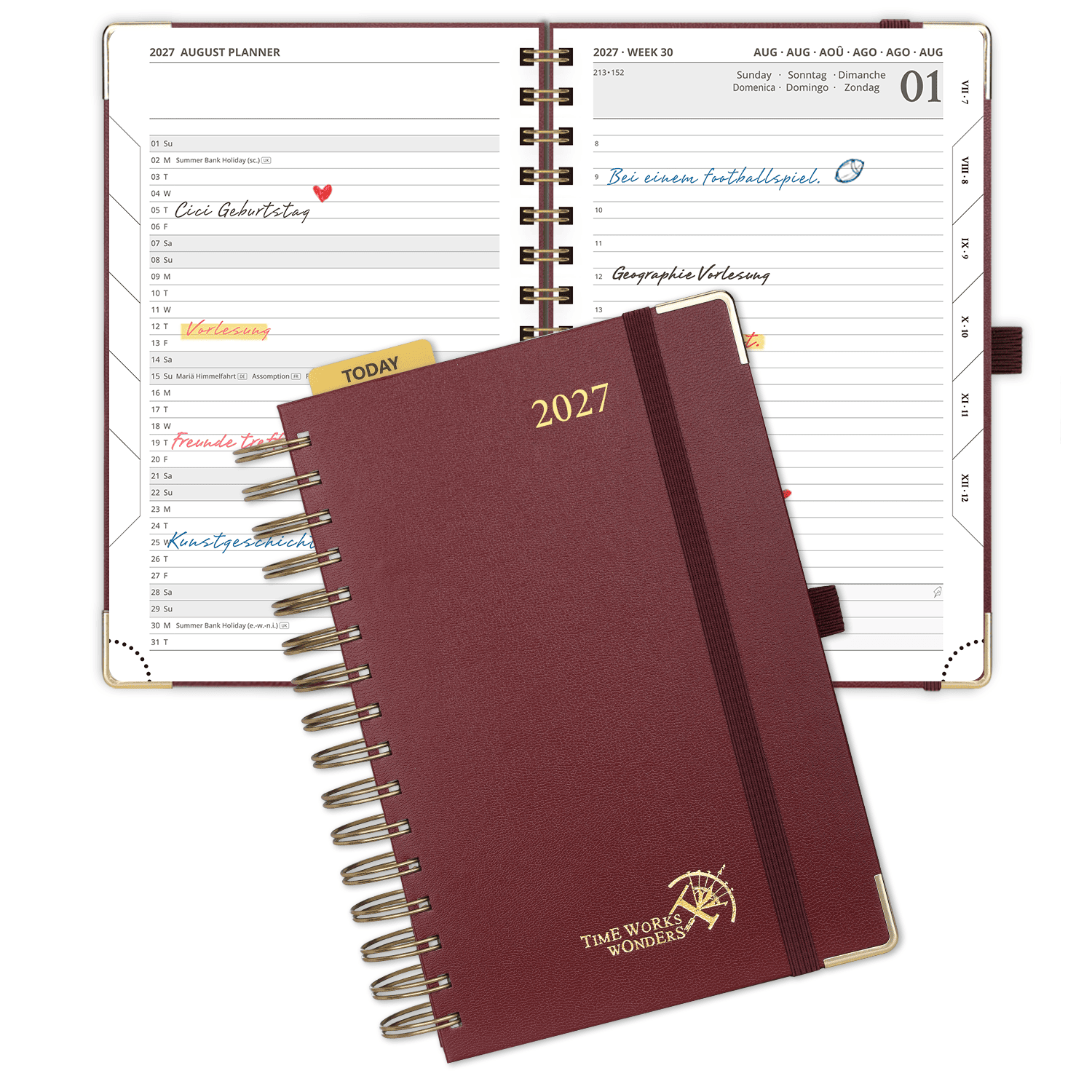 Agenda académica diaria DE tamaño A5 2026-2027, espiral, tapa dura