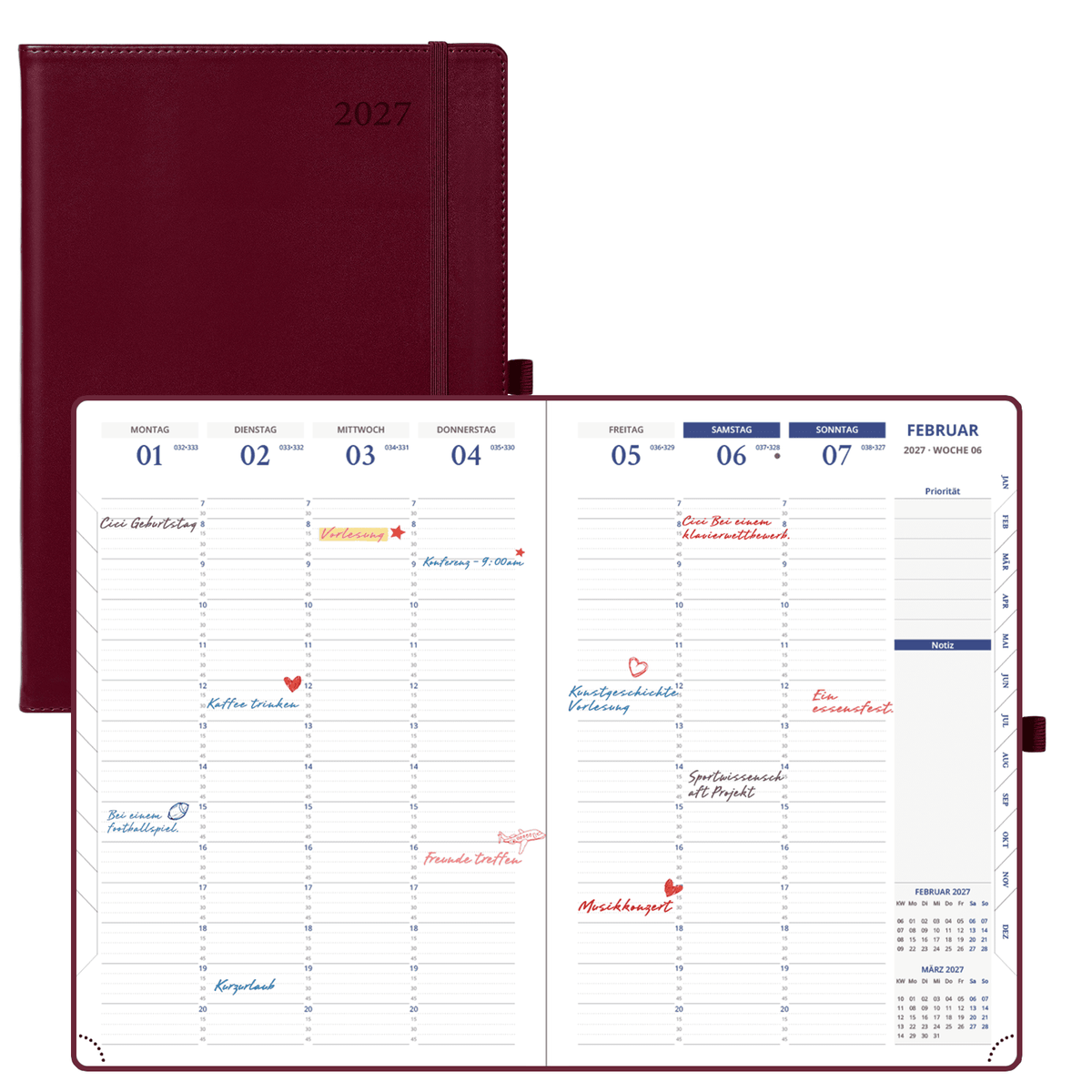 DE A4 Size 15-minute 2027 Weekly Planner PU Leather Softcover Appointment Book