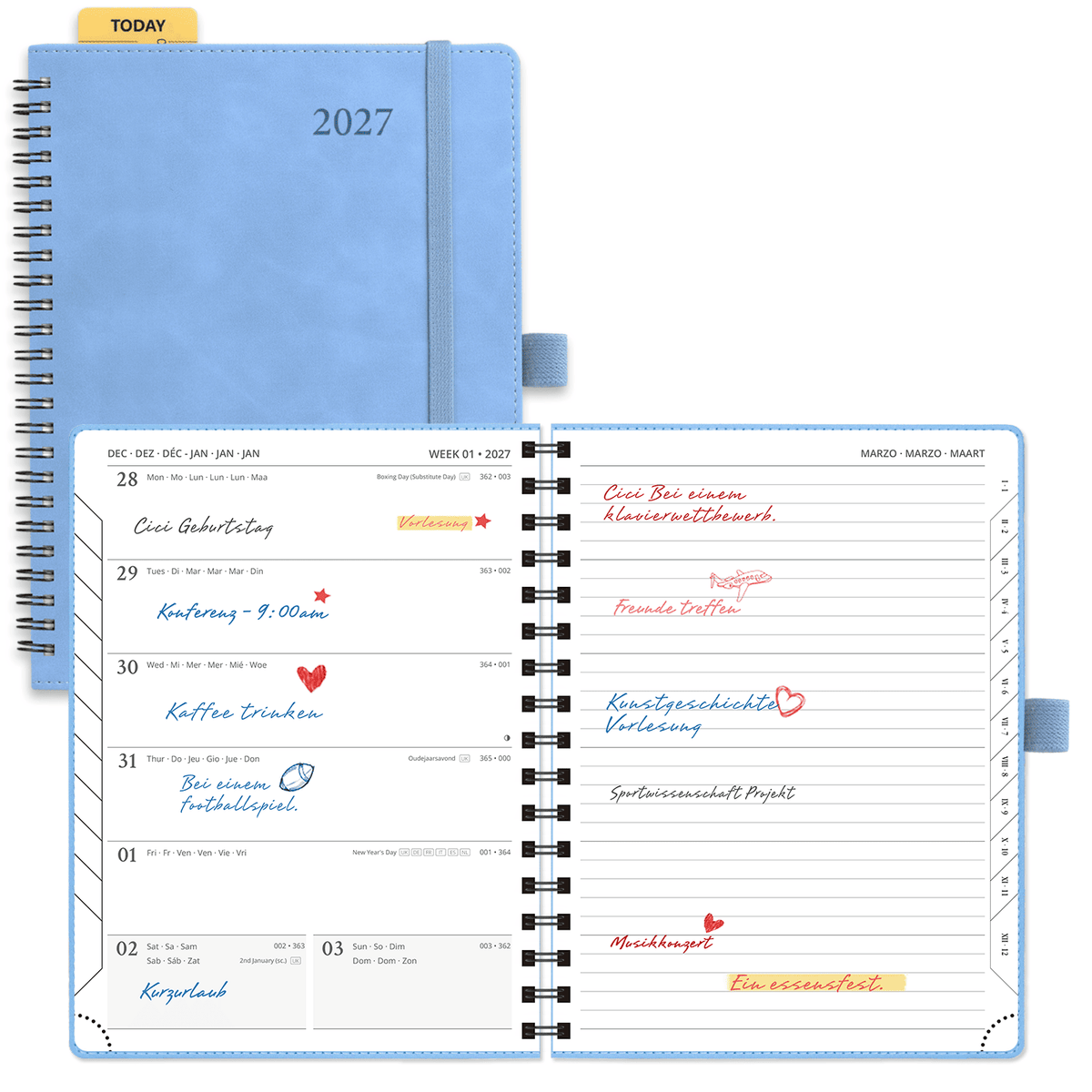 DE 16,5 cm × 21,6 cm 2027 Spiral Weekly Planner Week + Notes Layout Softcover