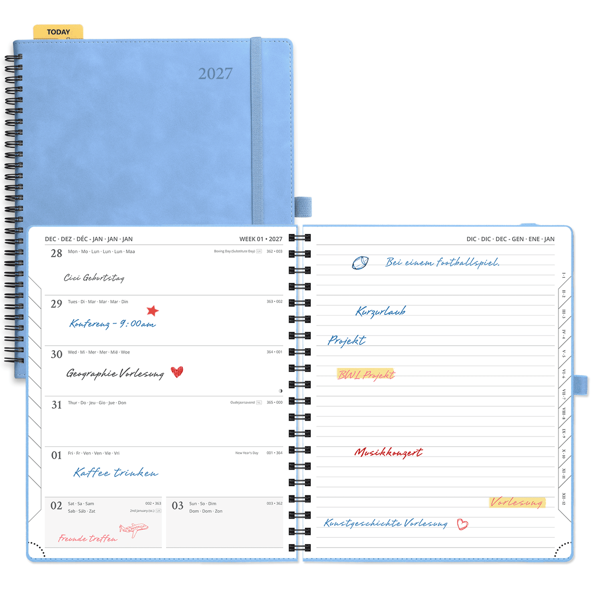 DE 25.9 cm × 21.2 cm 2027 Spiral Weekly Planner Week + Notes Layout Softcover