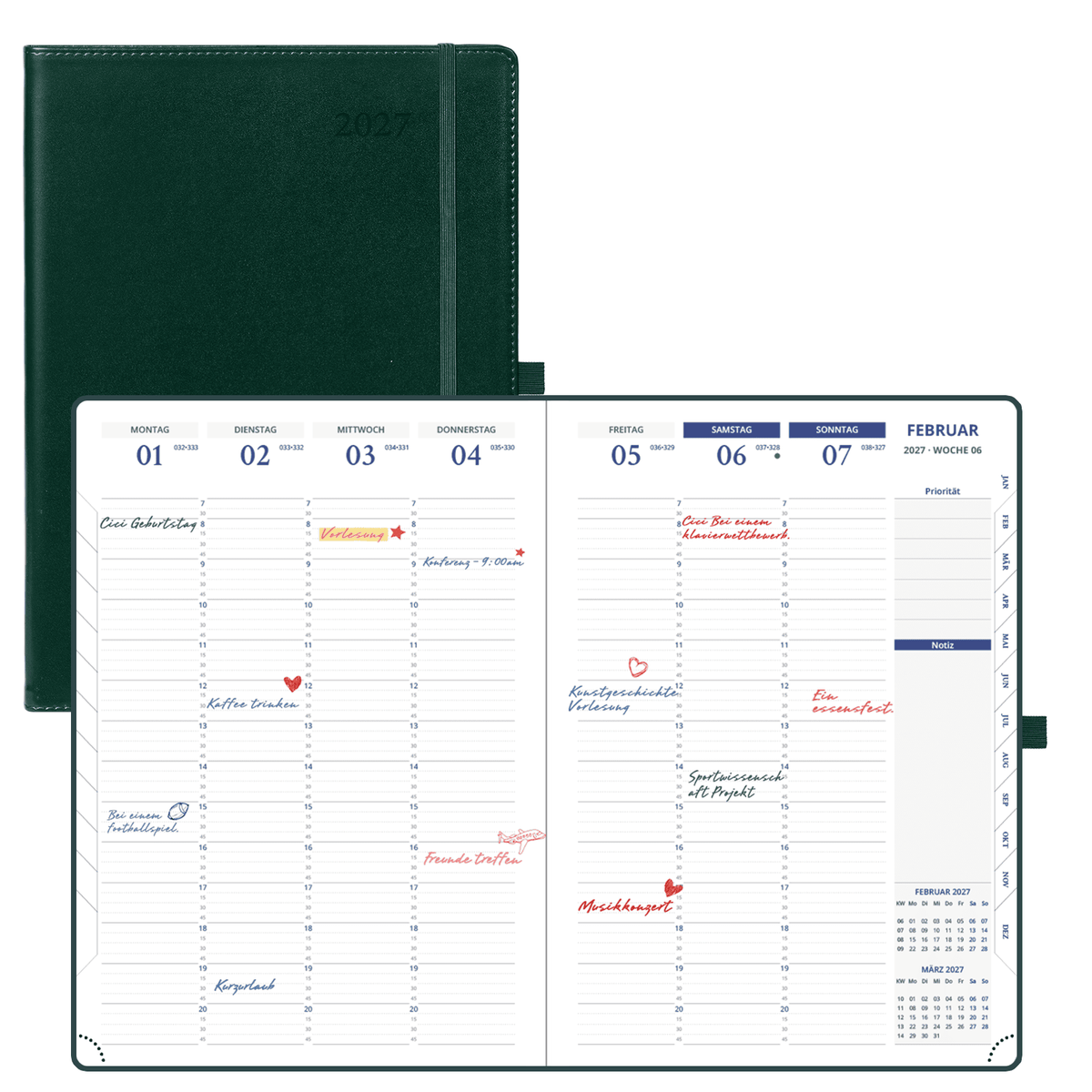 DE A4 Size 15-minute 2027 Weekly Planner PU Leather Softcover Appointment Book