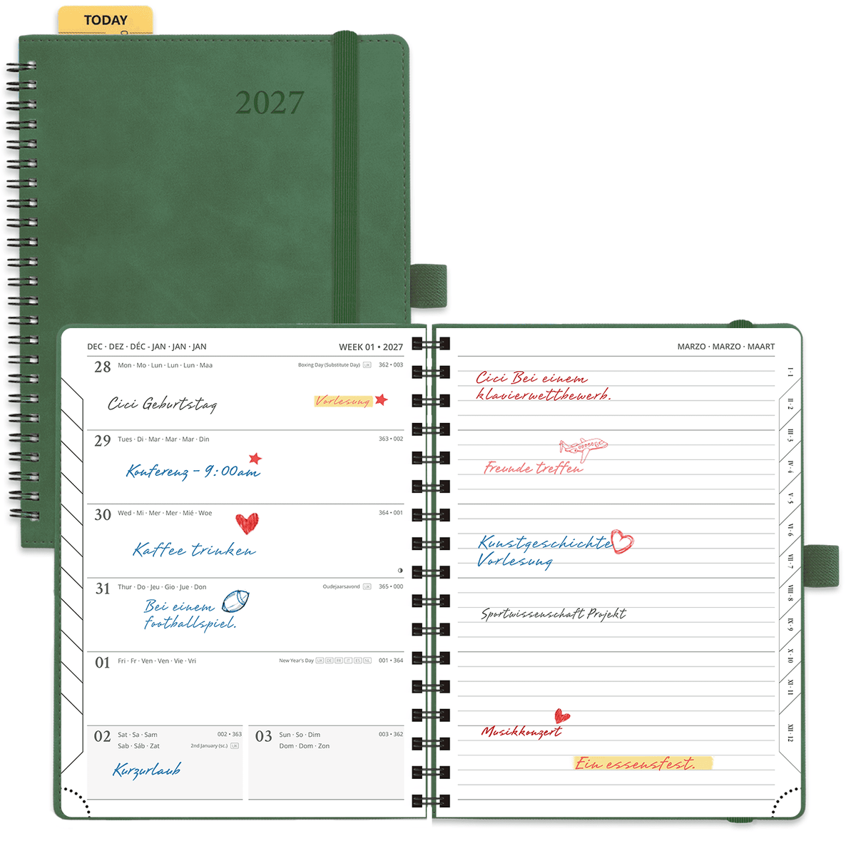 DE 16,5 cm × 21,6 cm 2027 Spiral Weekly Planner Week + Notes Layout Softcover