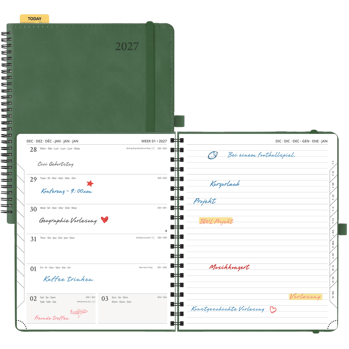 DE 25.9 cm × 21.2 cm 2027 Spiral Weekly Planner Week + Notes Layout Softcover