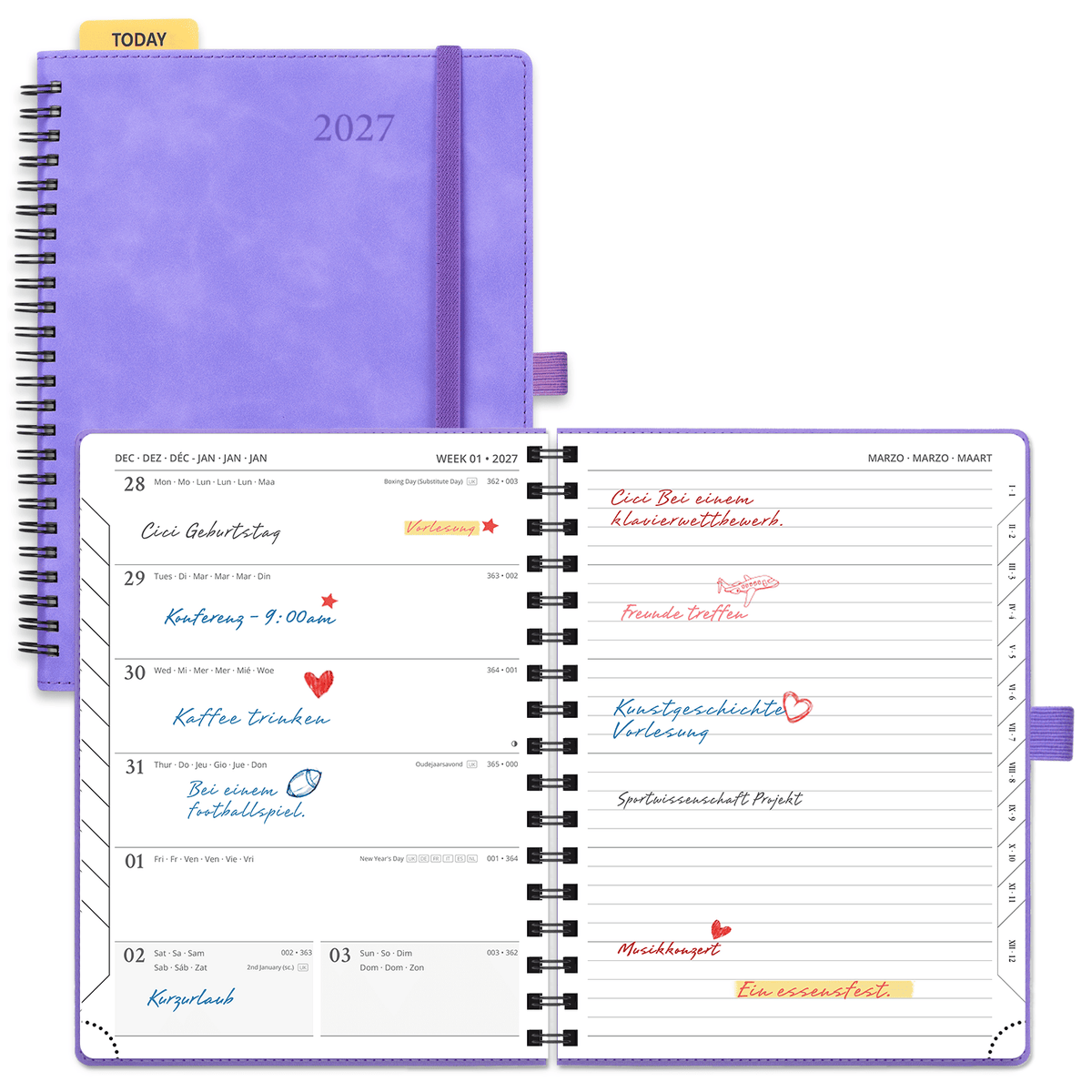 DE 16,5 cm × 21,6 cm 2027 Spiral Weekly Planner Week + Notes Layout Softcover