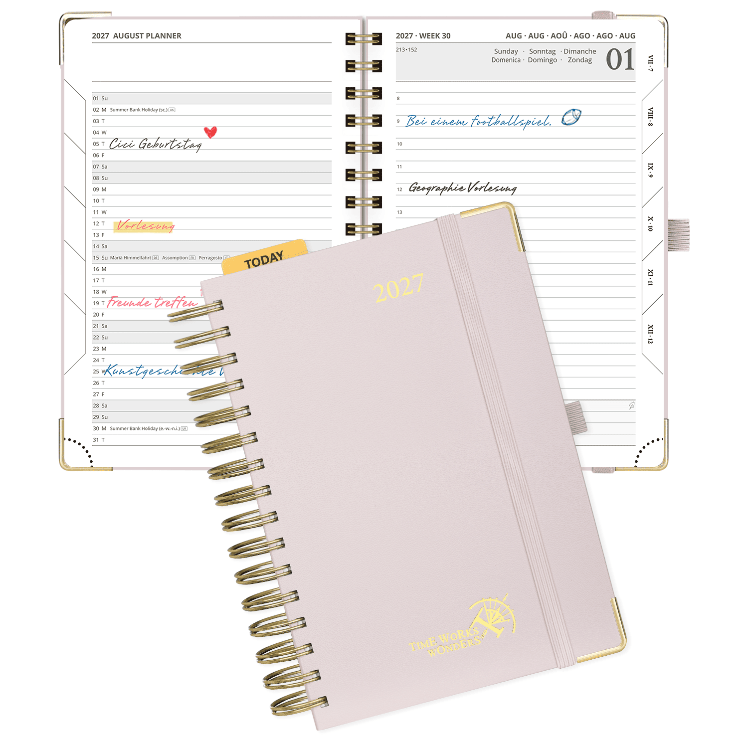Agenda académica diaria DE tamaño A5 2026-2027, espiral, tapa dura