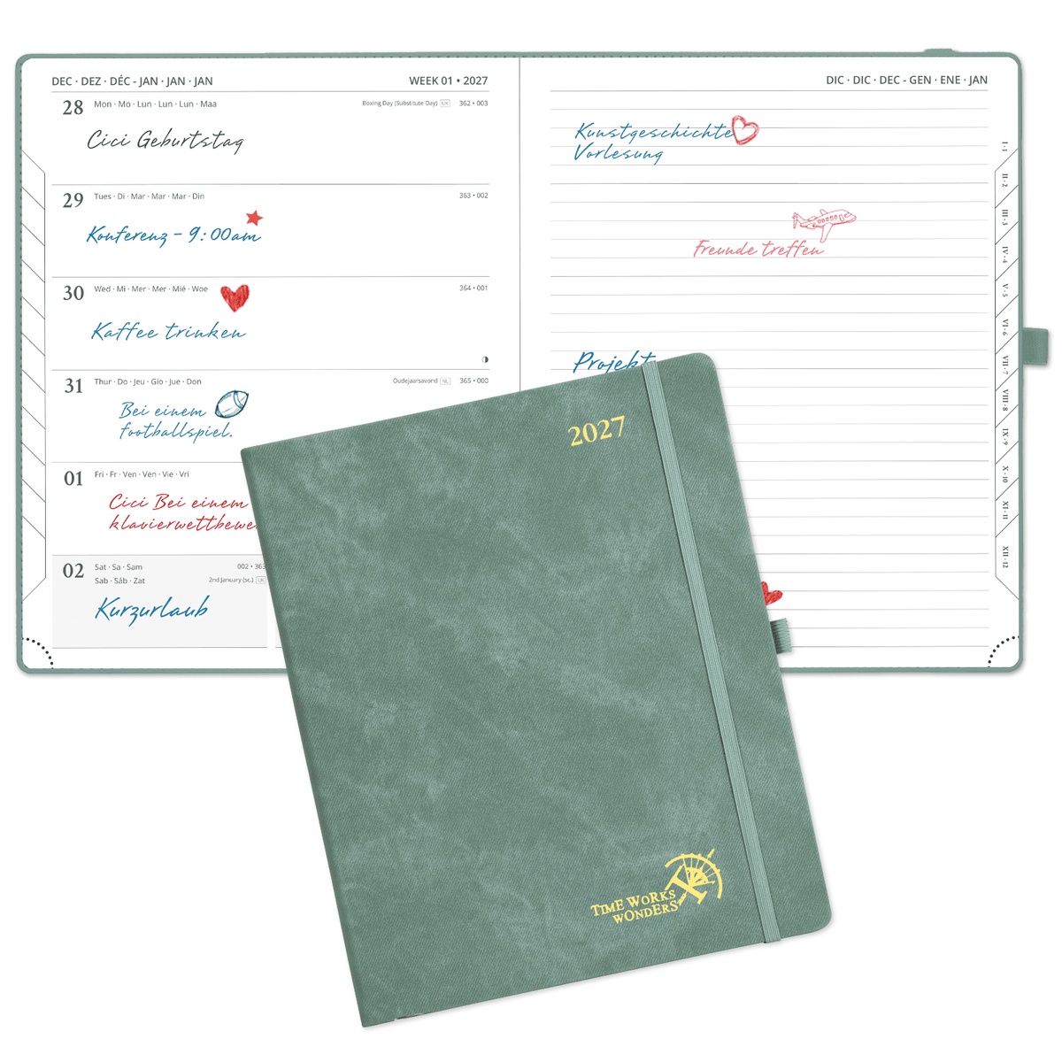 DE 21.2 cm × 25,9 cm Weekly 2027 Planner Week + Notes Layout Hardcover