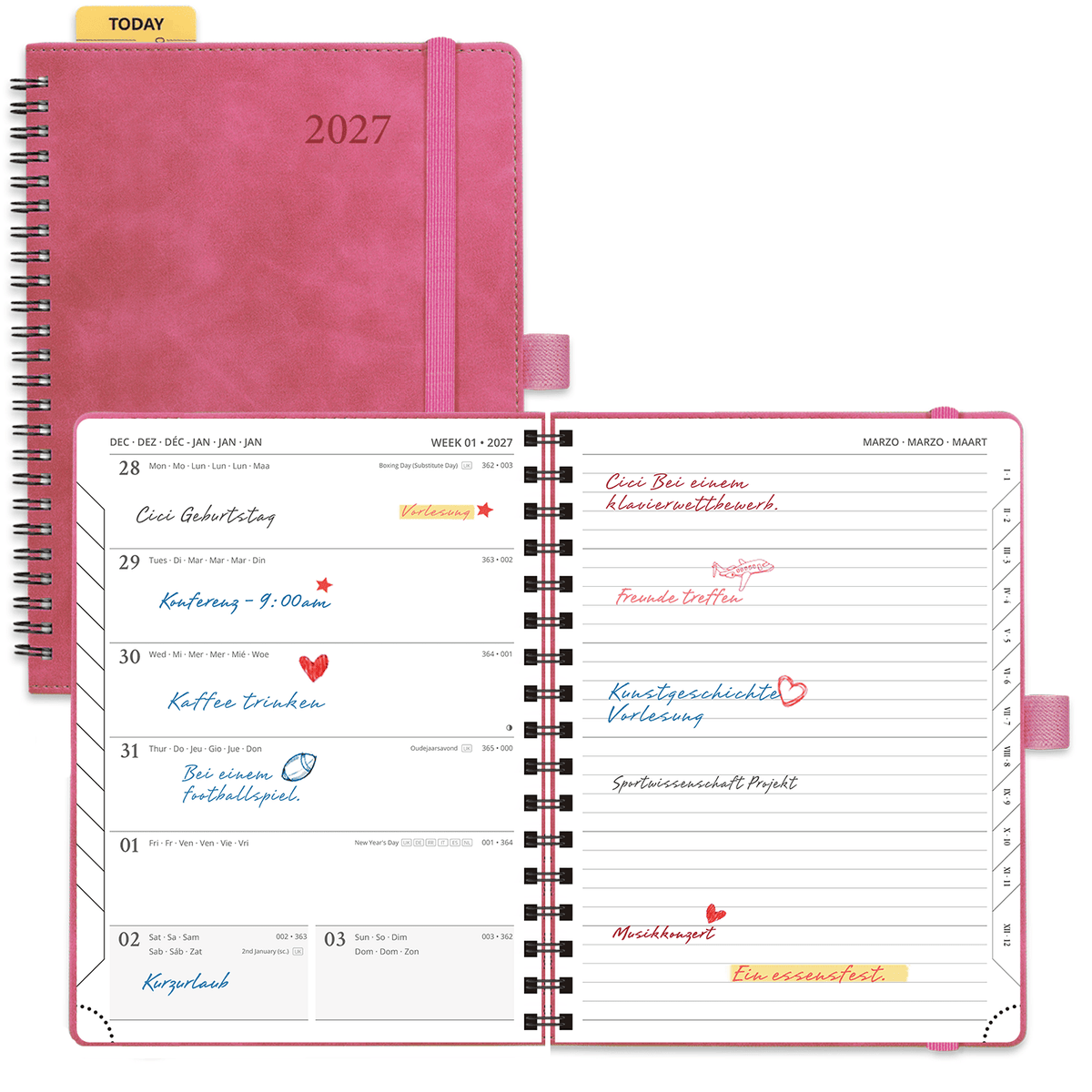 DE 16,5 cm × 21,6 cm 2027 Spiral Weekly Planner Week + Notes Layout Softcover