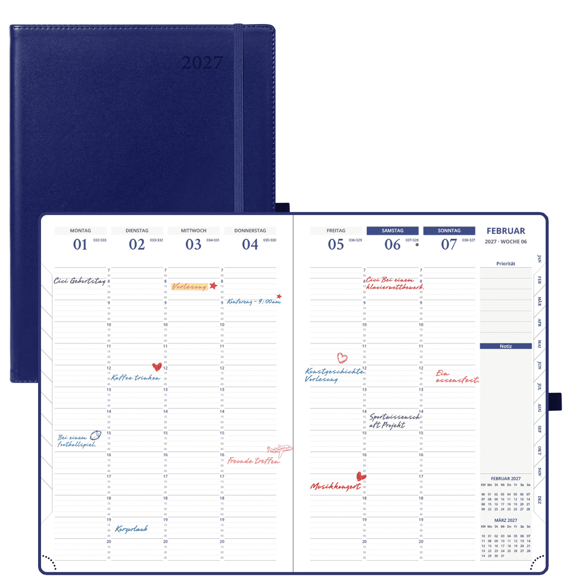 DE A4 Size 15-minute 2027 Weekly Planner PU Leather Softcover Appointment Book