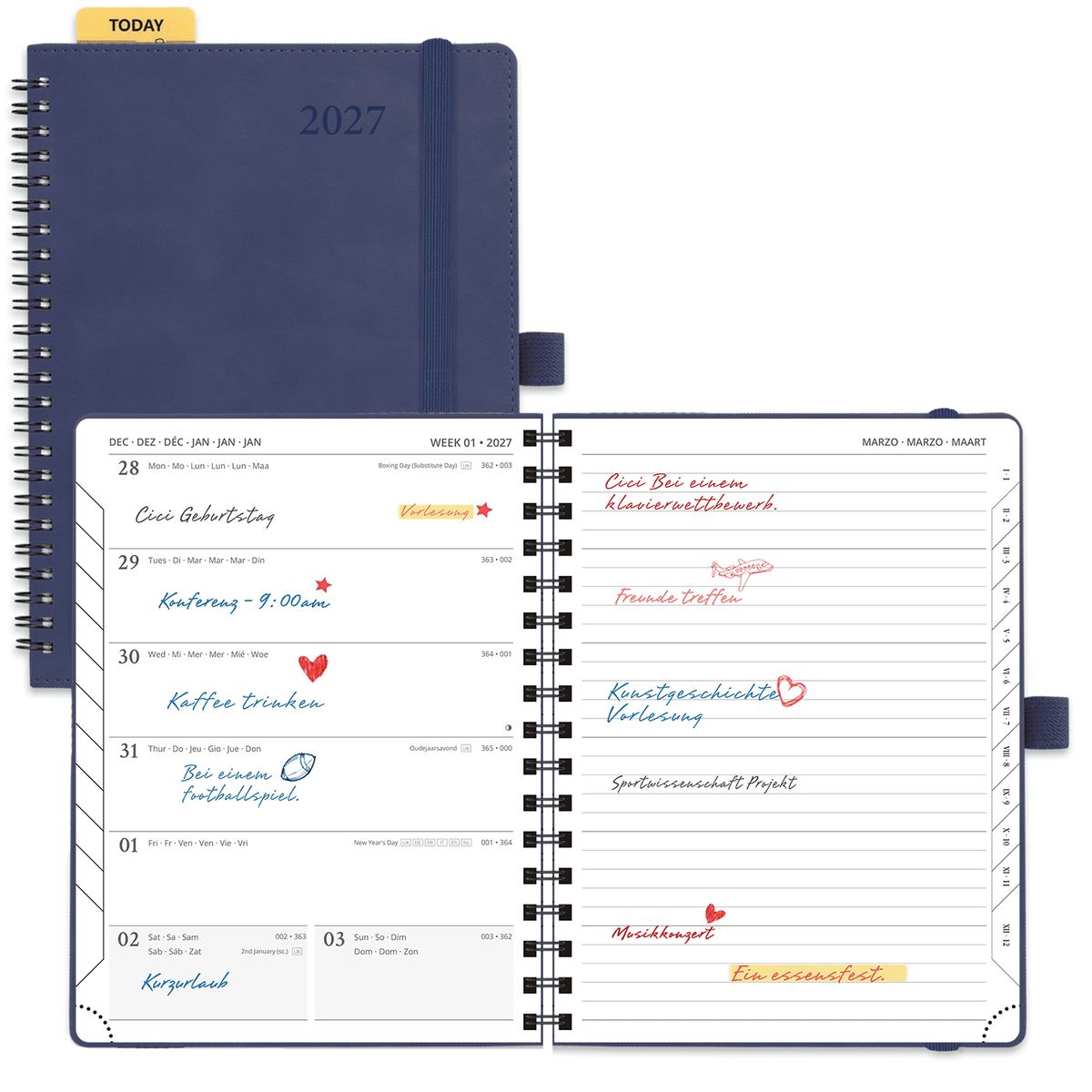 DE 16,5 cm × 21,6 cm 2027 Spiral Weekly Planner Week + Notes Layout Softcover