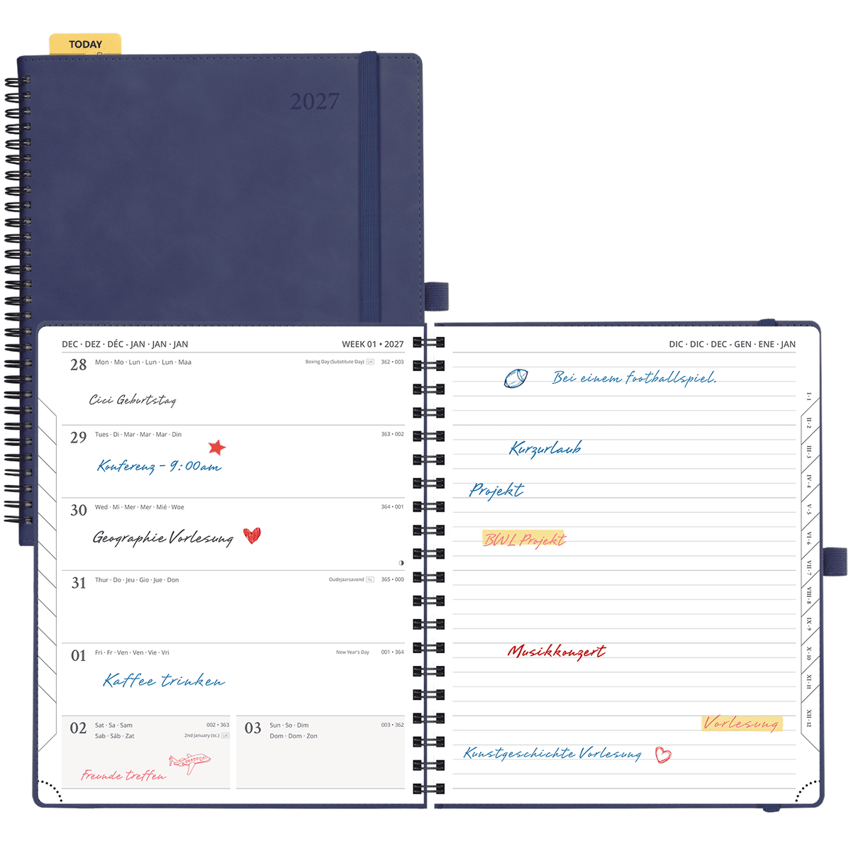DE 25.9 cm × 21.2 cm 2027 Spiral Weekly Planner Week + Notes Layout Softcover
