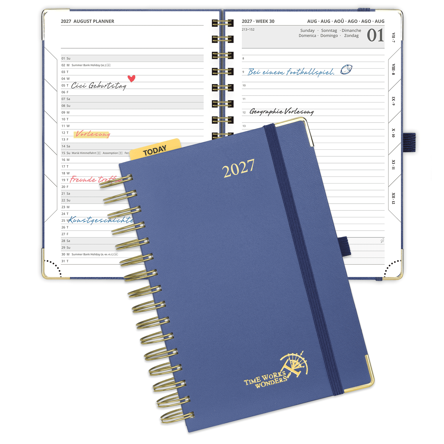 Agenda académica diaria DE tamaño A5 2026-2027, espiral, tapa dura