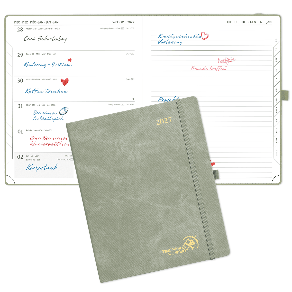 DE 21.2 cm × 25,9 cm Weekly 2027 Planner Week + Notes Layout Hardcover