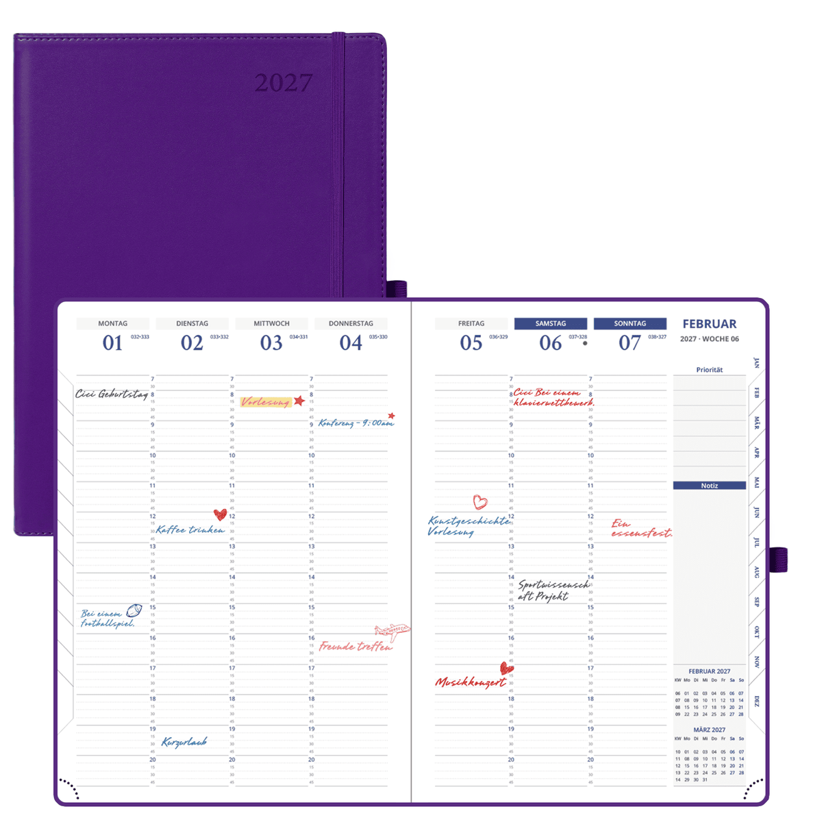 DE A4 Size 15-minute 2027 Weekly Planner PU Leather Softcover Appointment Book