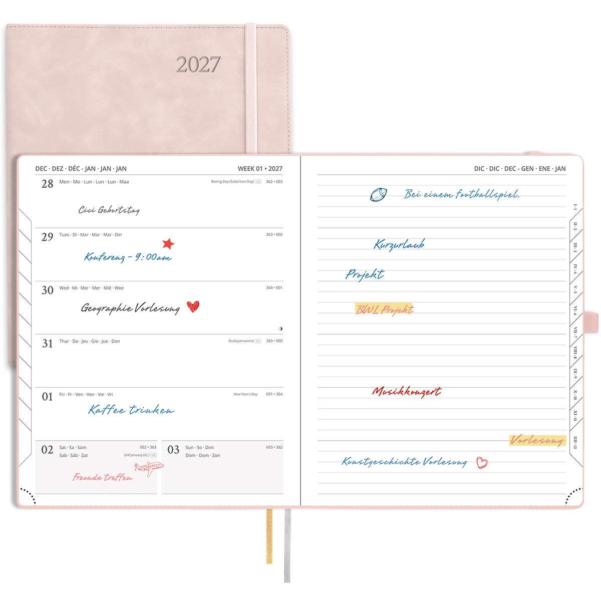 DE 25.9 cm × 21.2 cm 2027 Weekly Planner Week + Notes Layout Softcover