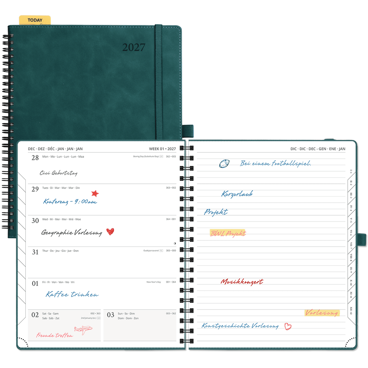 DE 25.9 cm × 21.2 cm 2027 Spiral Weekly Planner Week + Notes Layout Softcover