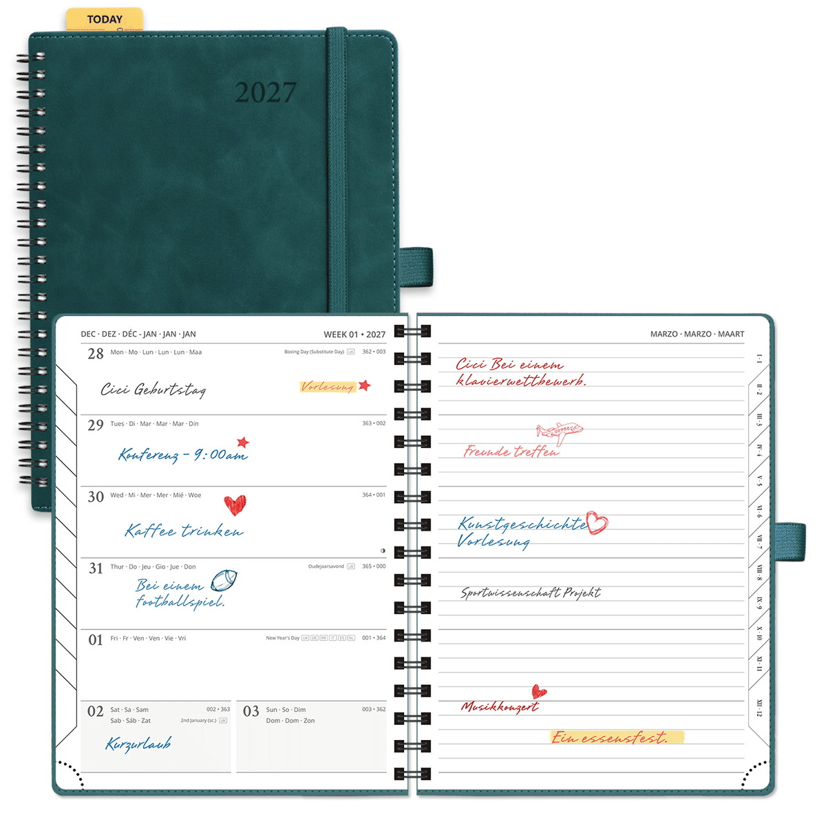 DE 16,5 cm × 21,6 cm 2027 Spiral Weekly Planner Week + Notes Layout Softcover