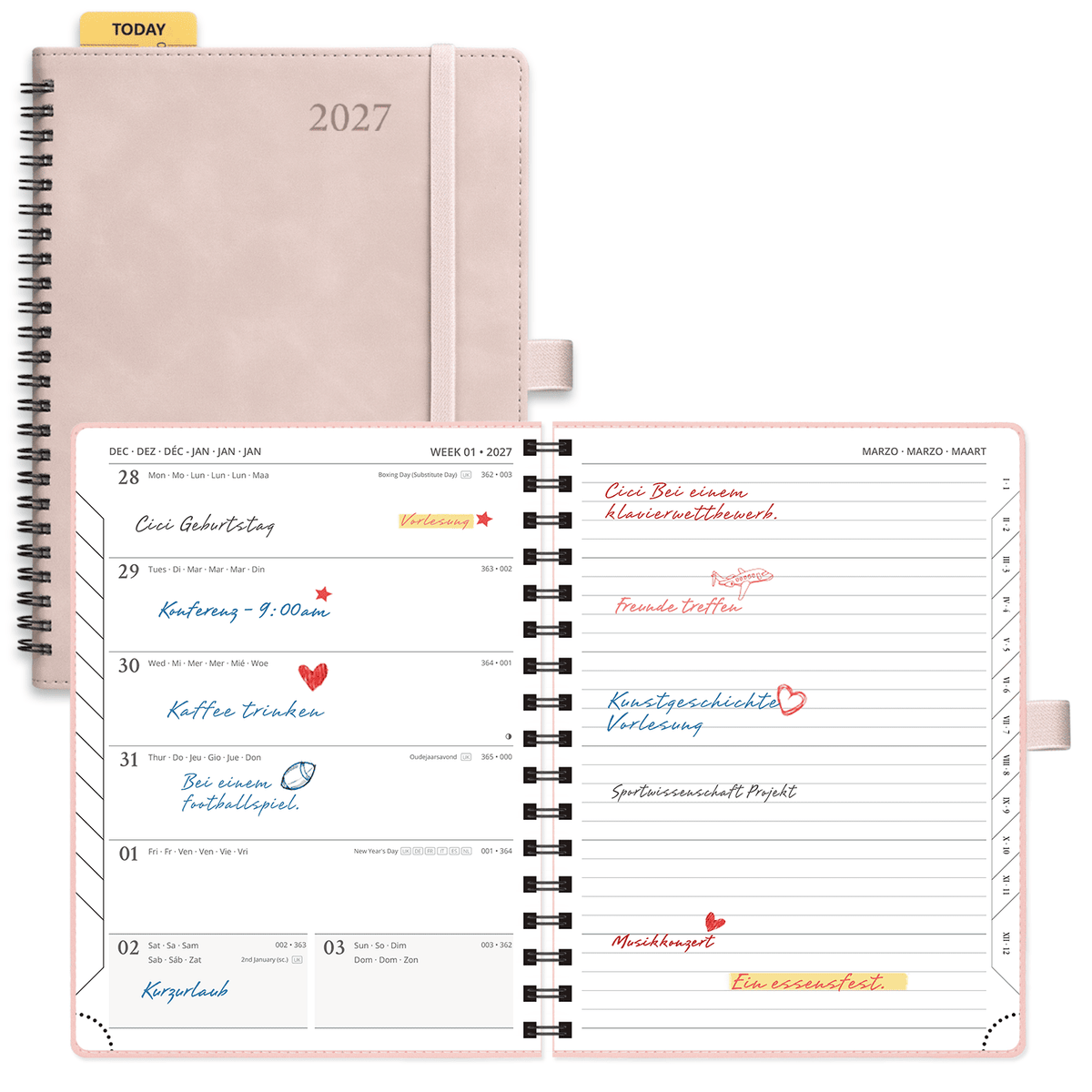 DE 16,5 cm × 21,6 cm 2027 Spiral Weekly Planner Week + Notes Layout Softcover