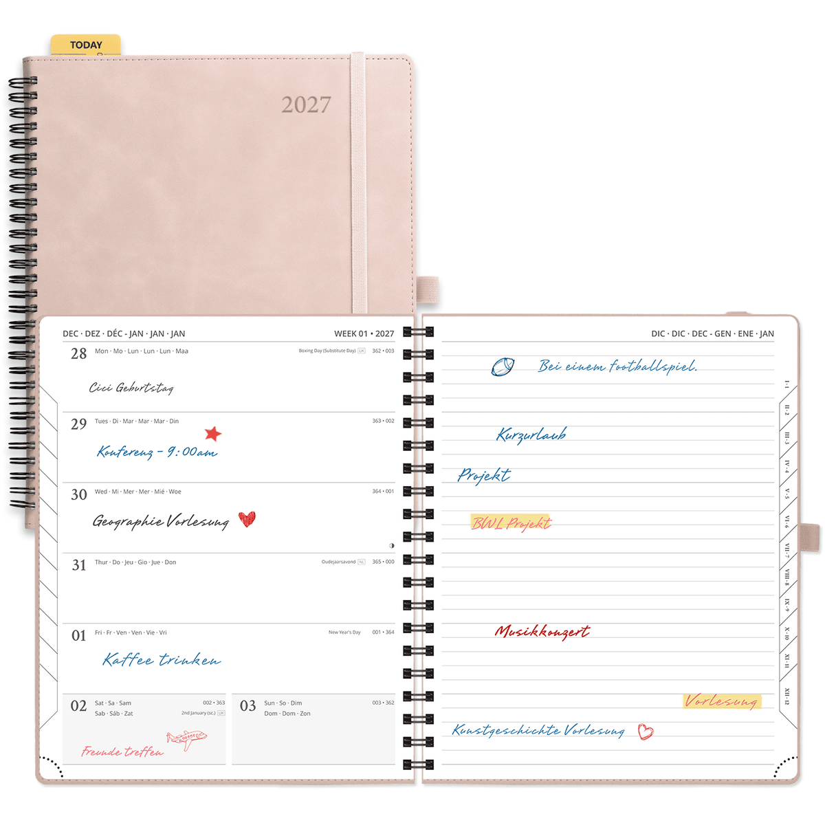 DE 25.9 cm × 21.2 cm 2027 Spiral Weekly Planner Week + Notes Layout Softcover