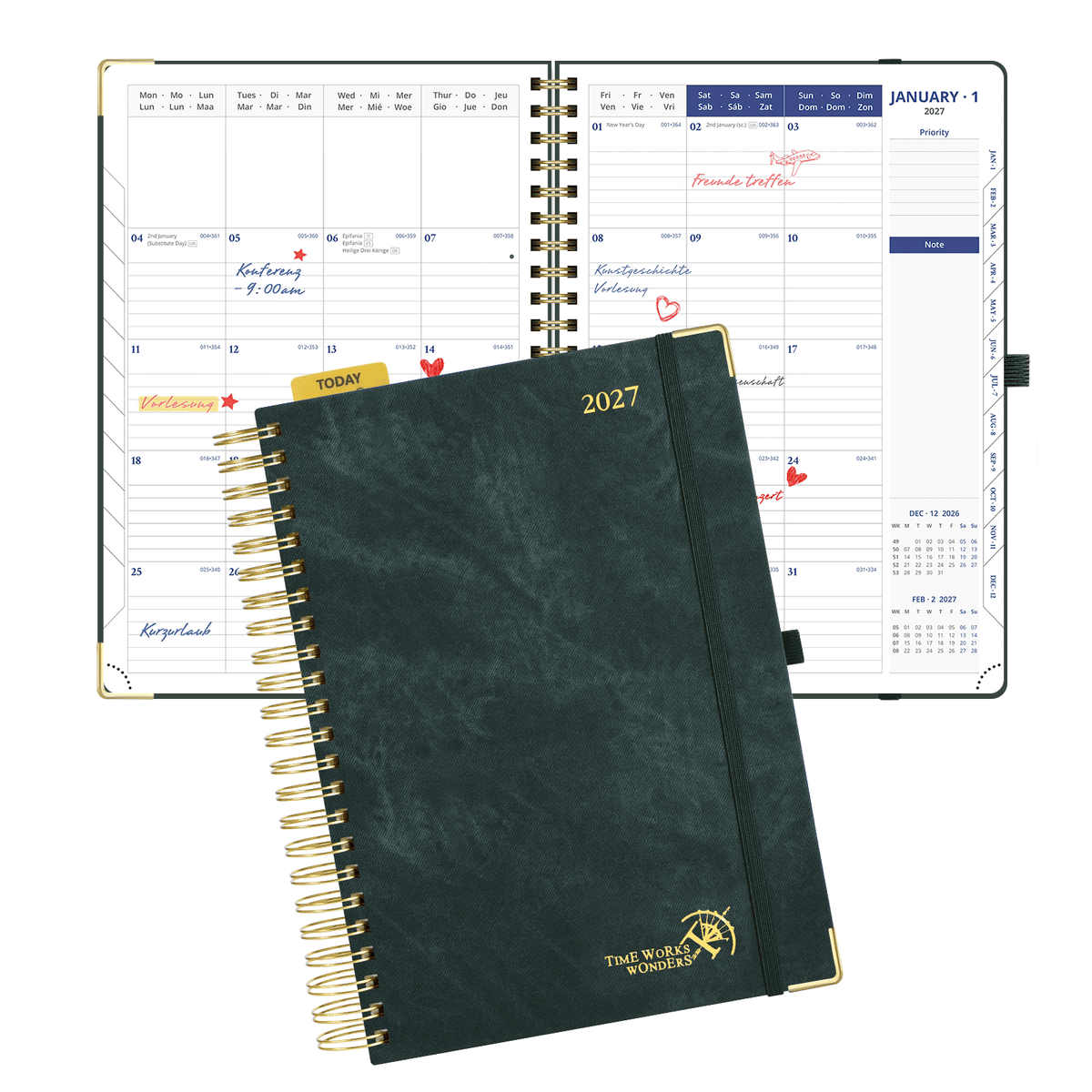 DE A4 Size 2027 Daily Planner Spiral Hardcover Calendar Book