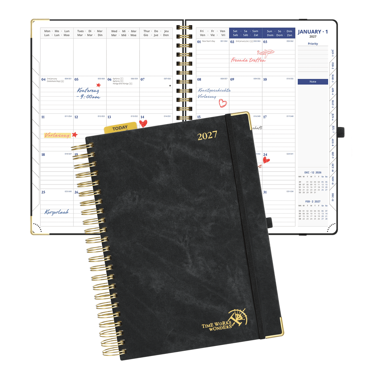 DE A4 Size 2027 Daily Planner Spiral Hardcover Calendar Book