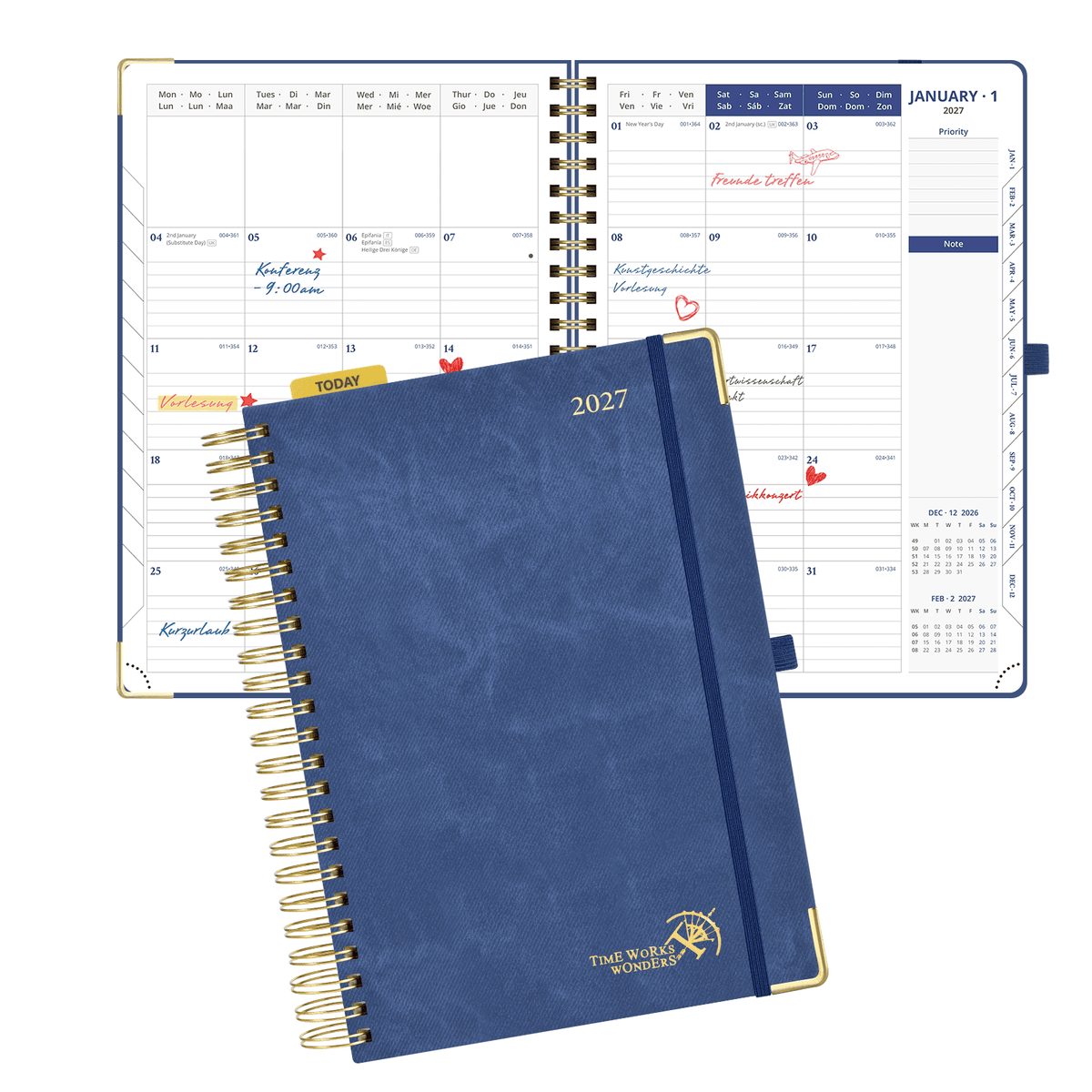 DE A4 Size 2027 Daily Planner Spiral Hardcover Calendar Book