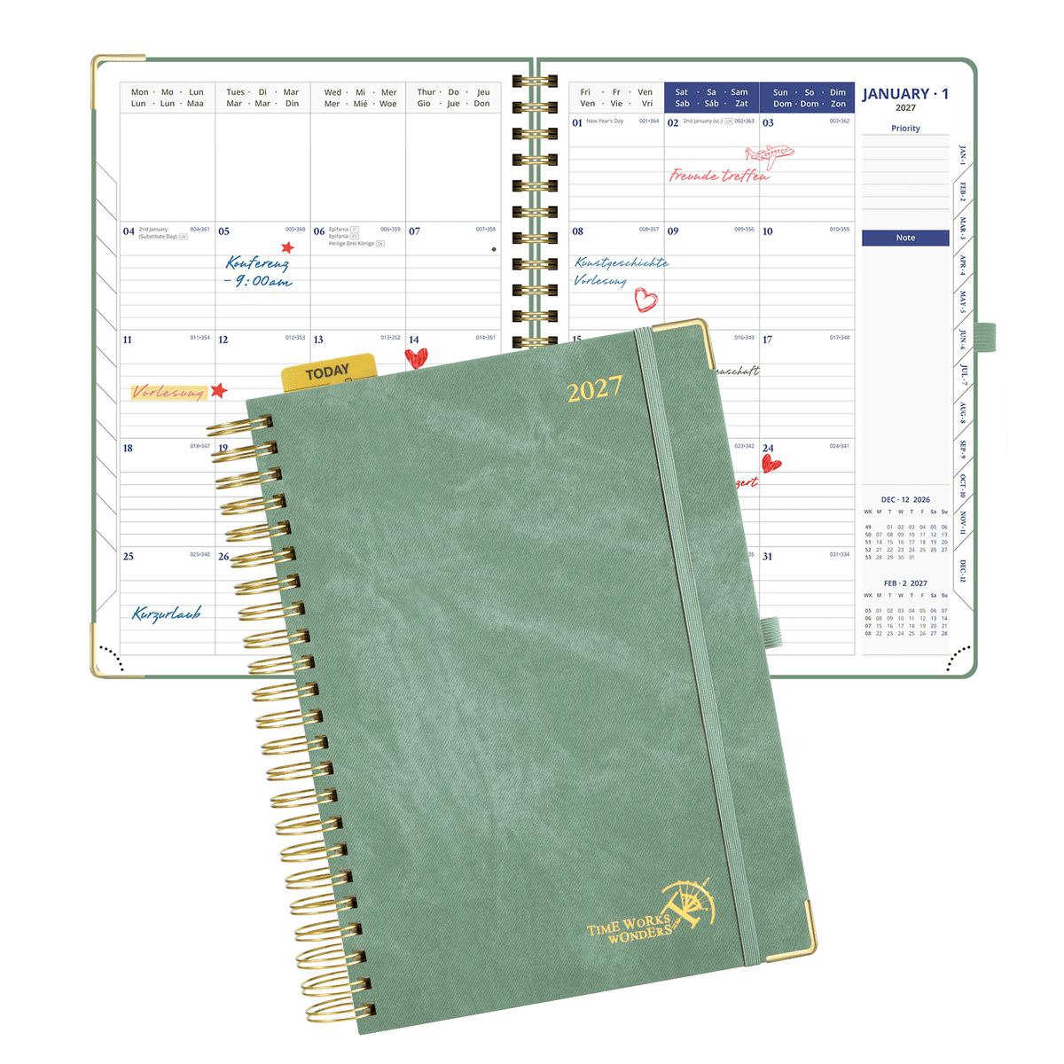 DE A4 Size 2027 Daily Planner Spiral Hardcover Calendar Book