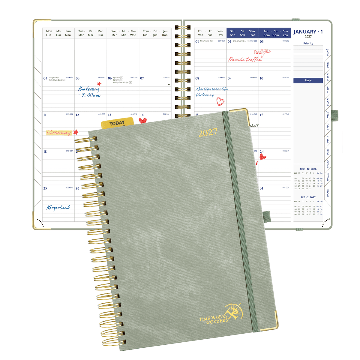 DE A4 Size 2027 Daily Planner Spiral Hardcover Calendar Book