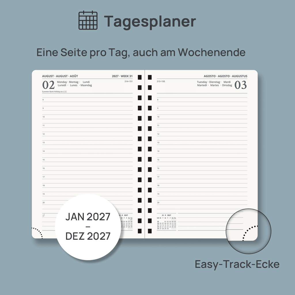 Agenda académica diaria DE tamaño A5 2026-2027, espiral, tapa dura