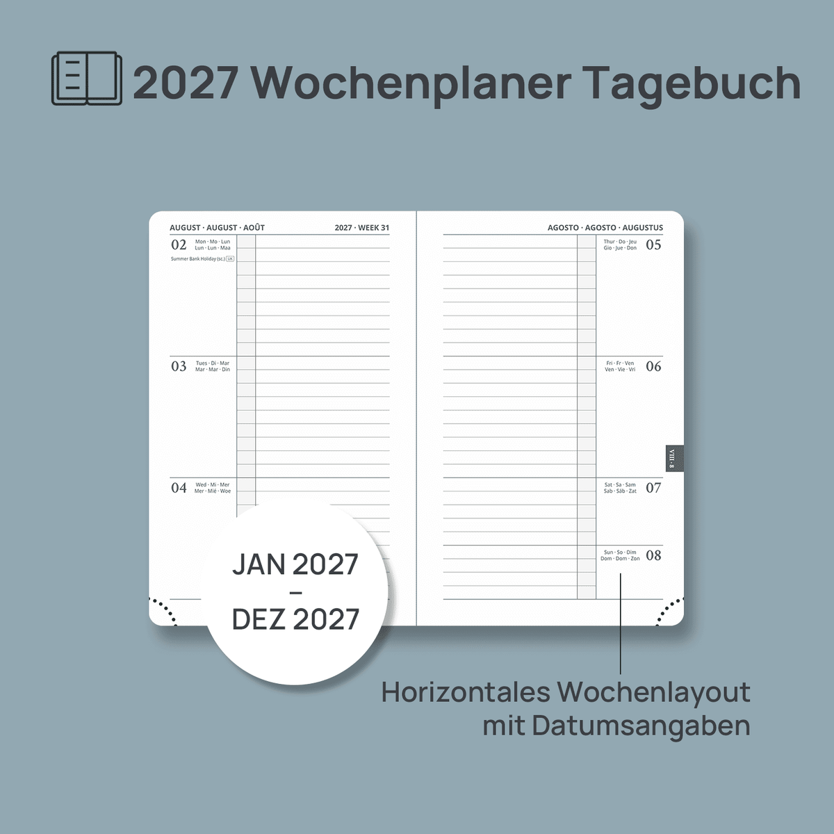DE A6 Size 2027 Weekly planner Horizontal Layout Calendar Planner