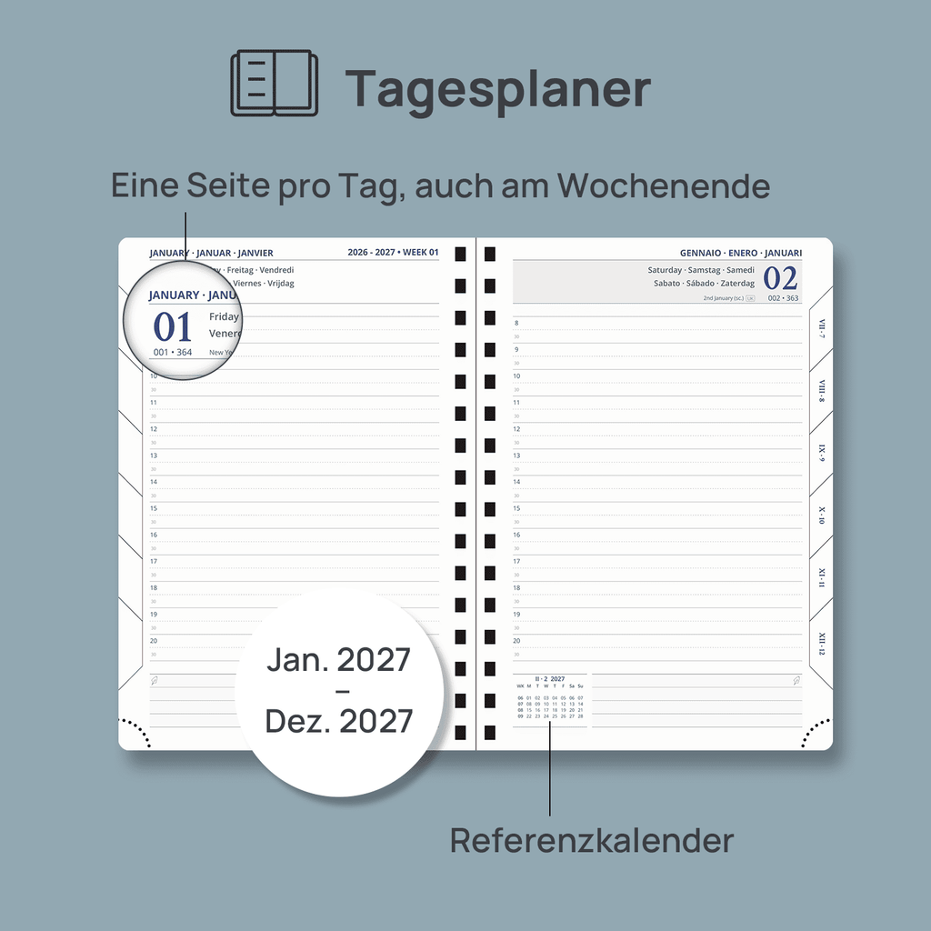 DE A5 Size Spiral 2027 Daily Planner Hardcover Calendar Planner