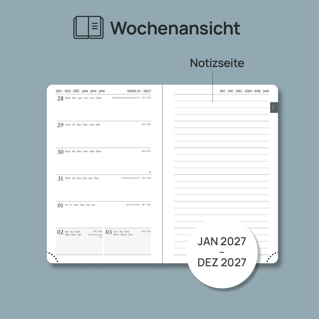 DE A6 Size 2027 Weekly Planner Week + Notes Layout Softcover
