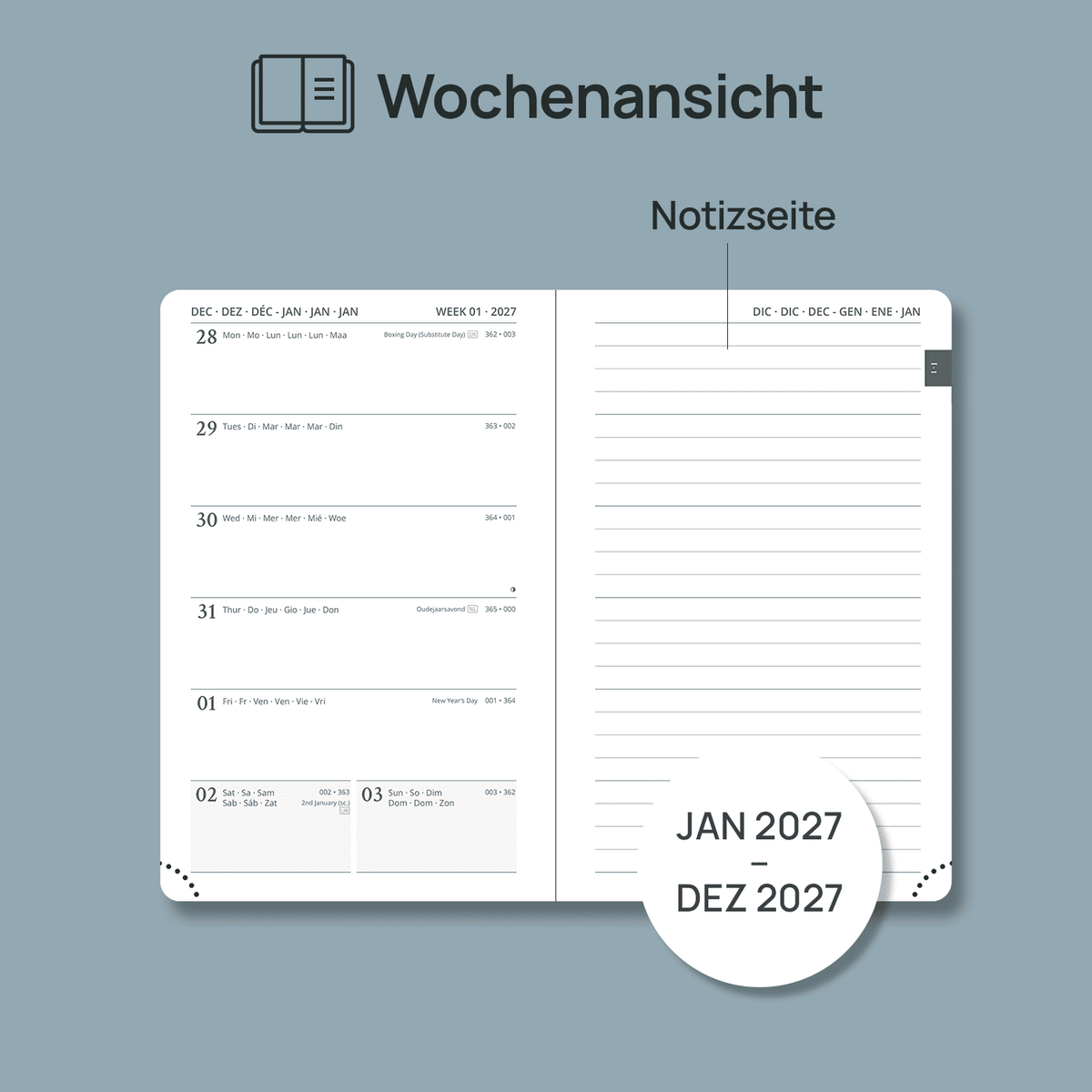 DE A6 Size 2027 Weekly Planner Week + Notes Layout Softcover