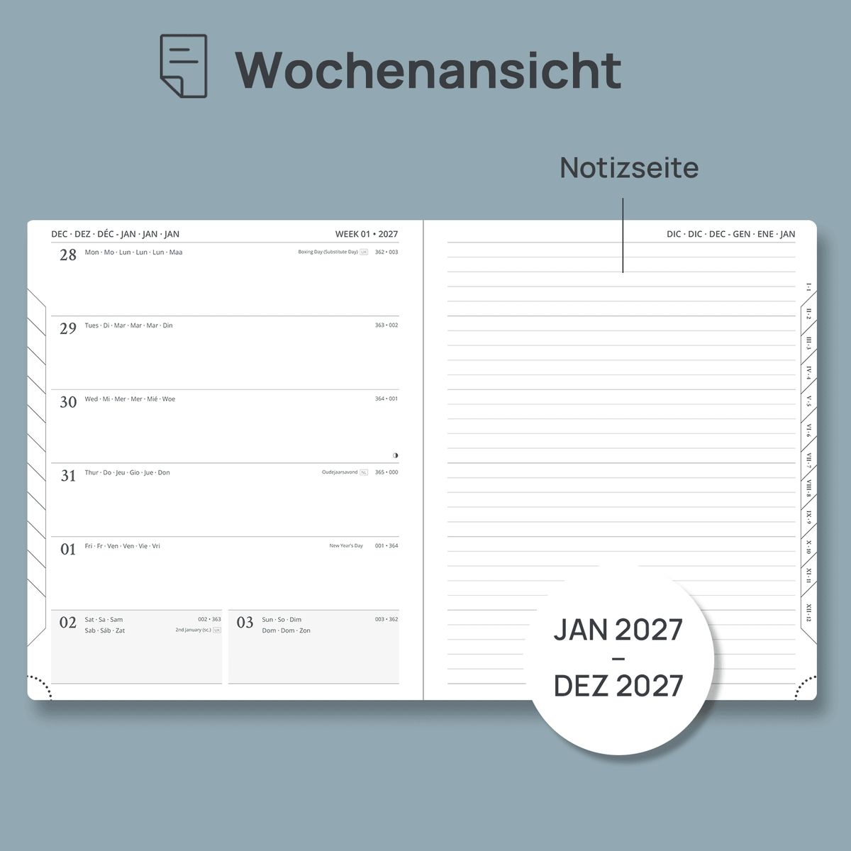 DE 21.2 cm × 25,9 cm Weekly 2027 Planner Week + Notes Layout Hardcover
