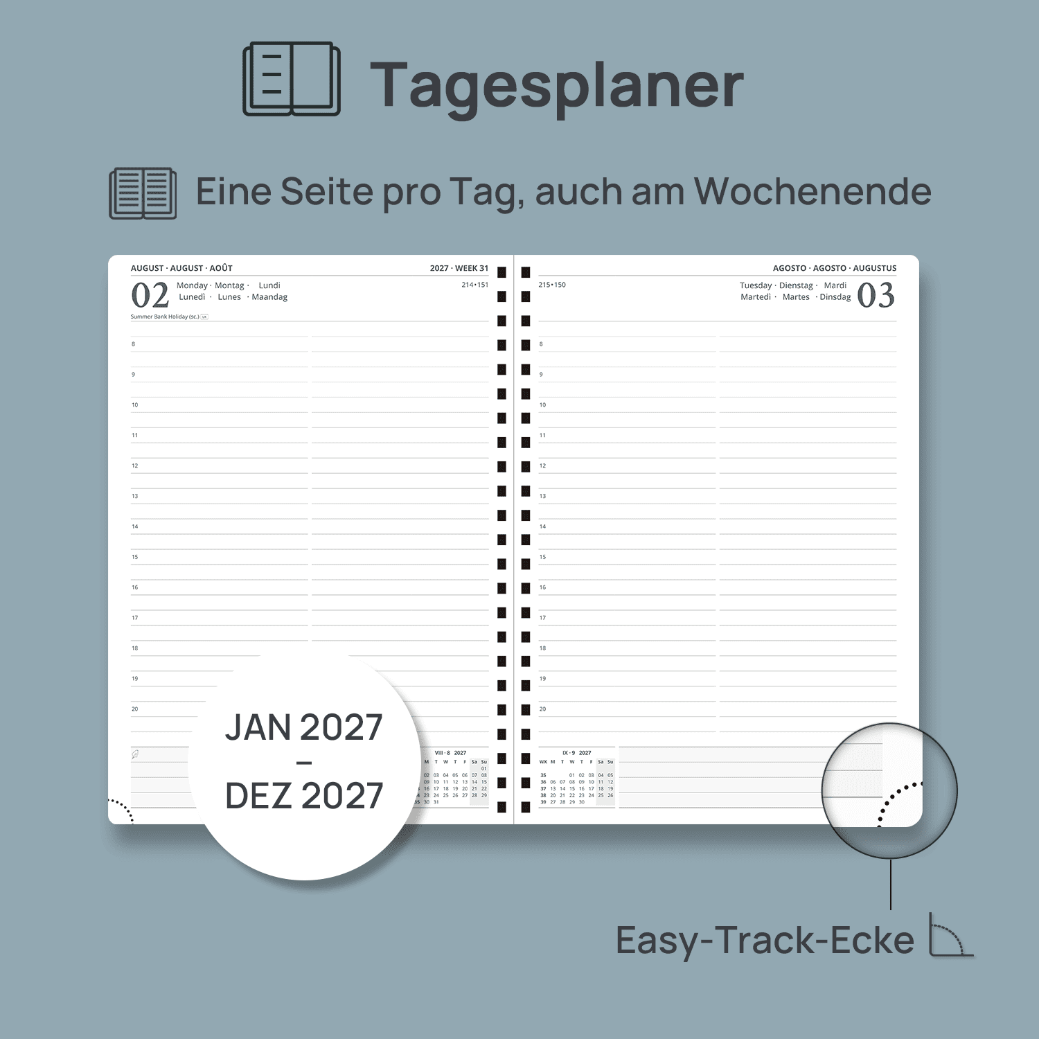DE A4 Size 2027 Spiral Daily Planner Hardcover Calendar Planner