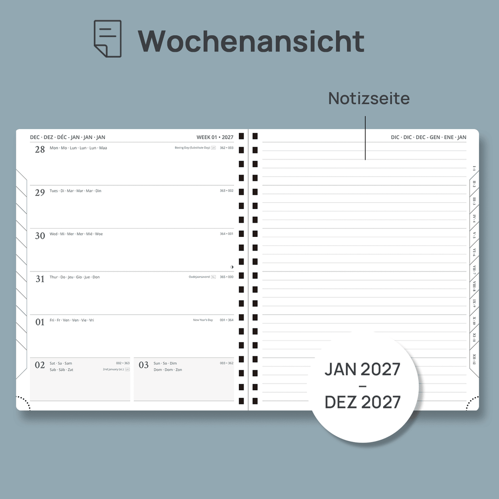 DE 25.9 cm × 21.2 cm 2027 Spiral Weekly Planner Week + Notes Layout Softcover