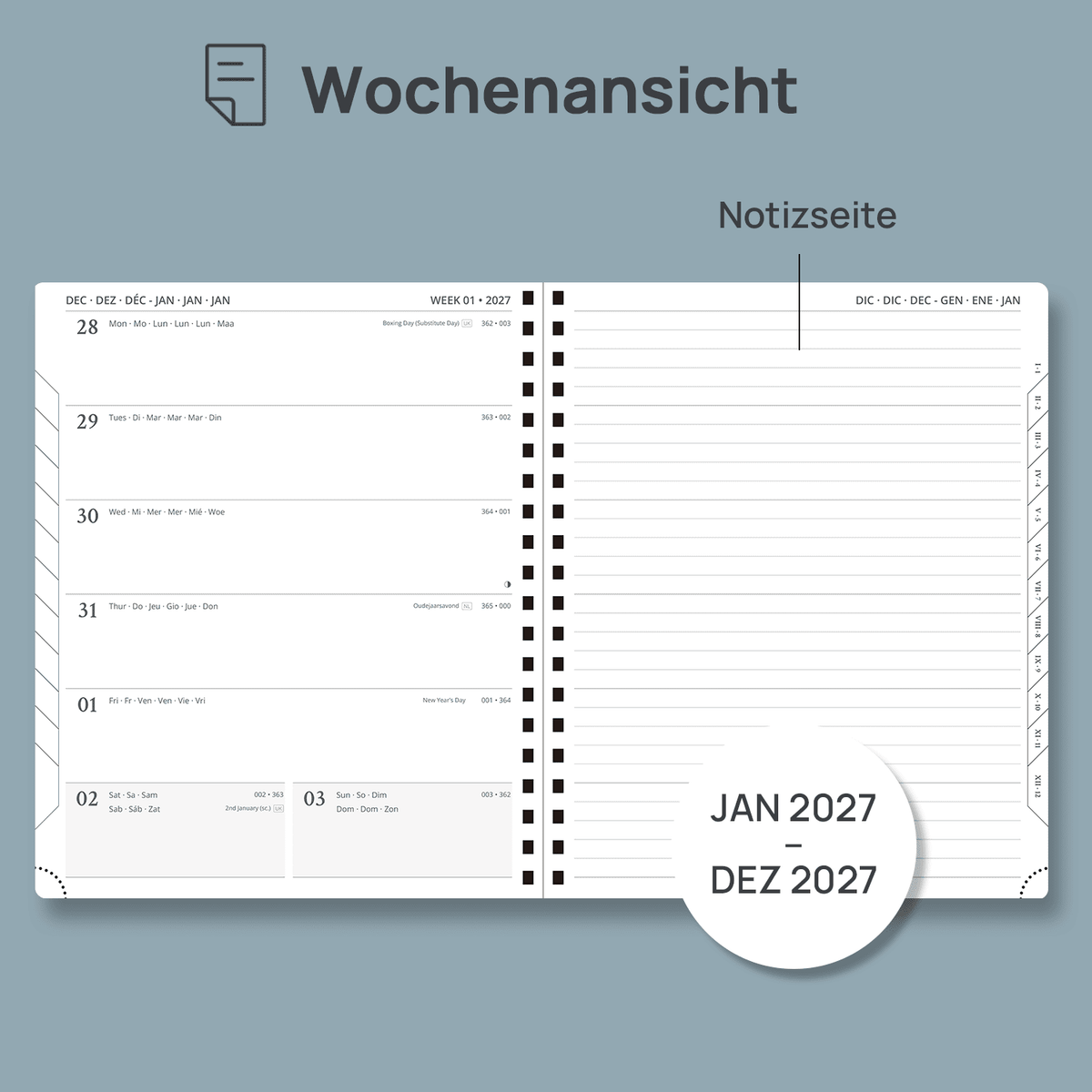 DE 25.9 cm × 21.2 cm 2027 Spiral Weekly Planner Week + Notes Layout Softcover