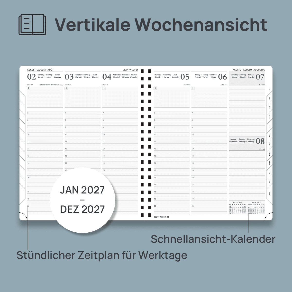 DE Large Size 2027 Spiral Weekly Calendar Planner (January–December) Soft Cover