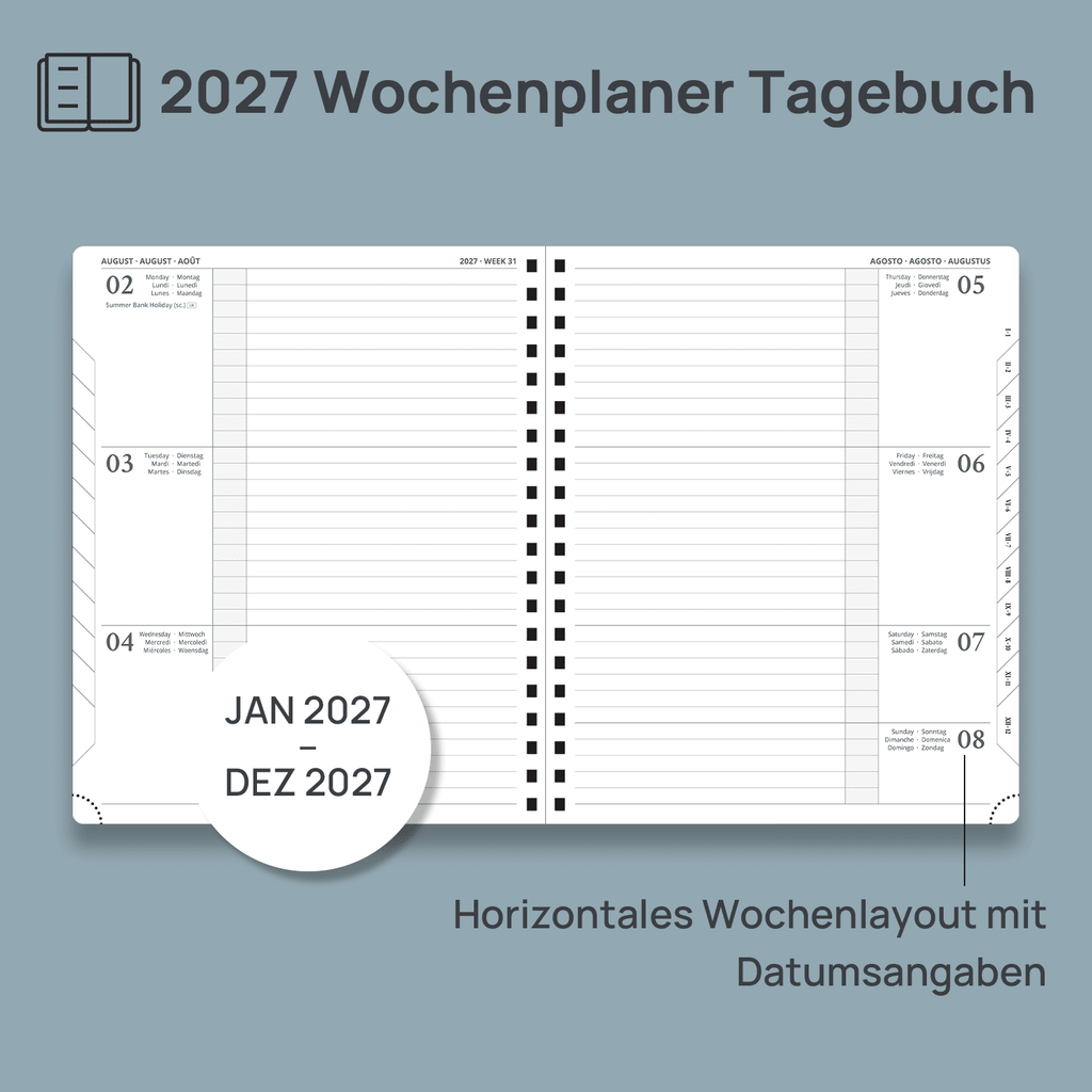DE 25.9 cm × 21.2 cm 2027 Spiral Weekly Planner Horizontal Layout Calendar Planner
